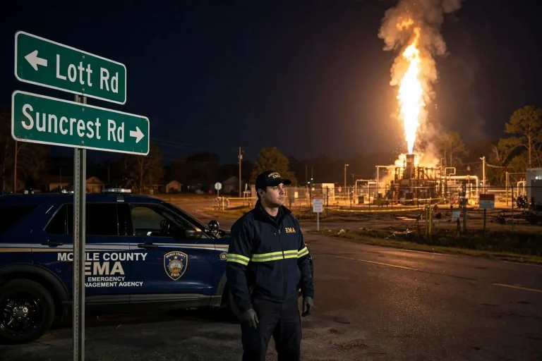 Illustration for the news story: Flames and Noise Near Lott and Suncrest Roads Overnight Are a Planned Flare-Off, Prichard Officials Say
