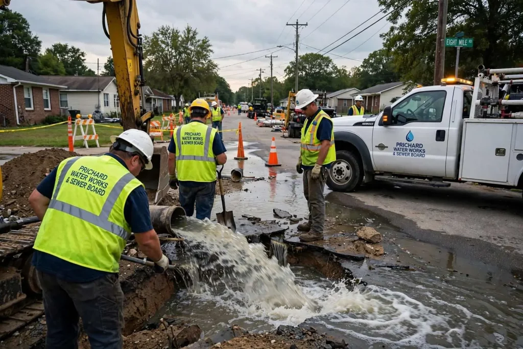 Illustration for the news story: Prichard Crews Respond to Water Main Break in Eight Mile Area