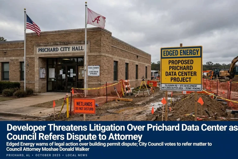 Illustration for the news story: Developer Threatens Litigation Over Prichard Data Center as Council Refers Dispute to Attorney