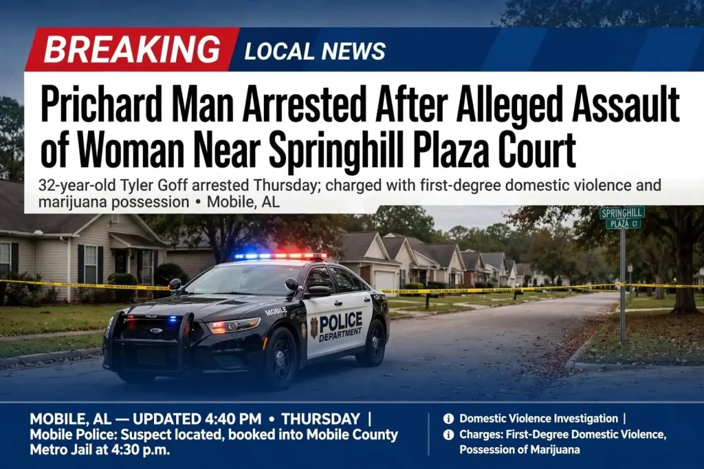 Illustration for the news story: Prichard Man Arrested After Alleged Assault of Woman Near Springhill Plaza Court