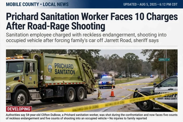 Illustration for the news story: Prichard Sanitation Worker Faces 10 Charges After Road-Rage Shooting