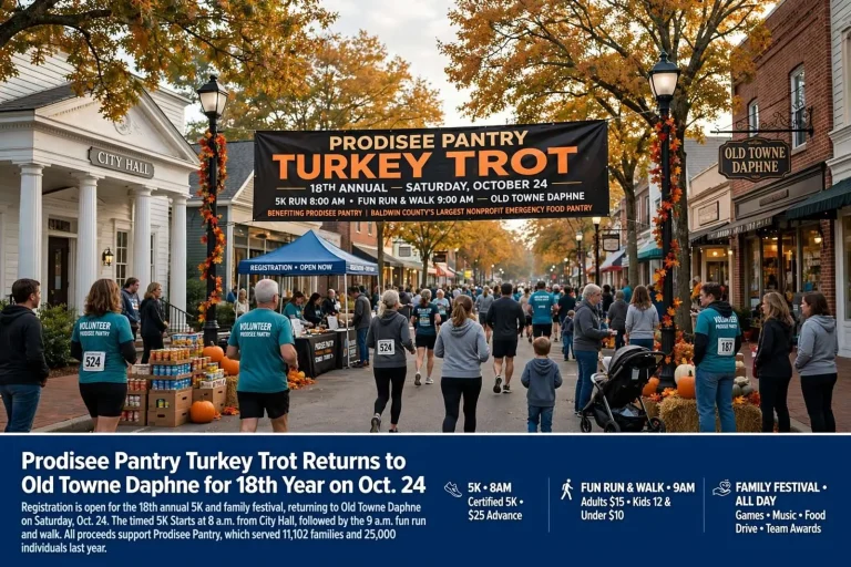 Illustration for the news story: Prodisee Pantry Turkey Trot Returns to Old Towne Daphne for 18th Year on Oct. 24