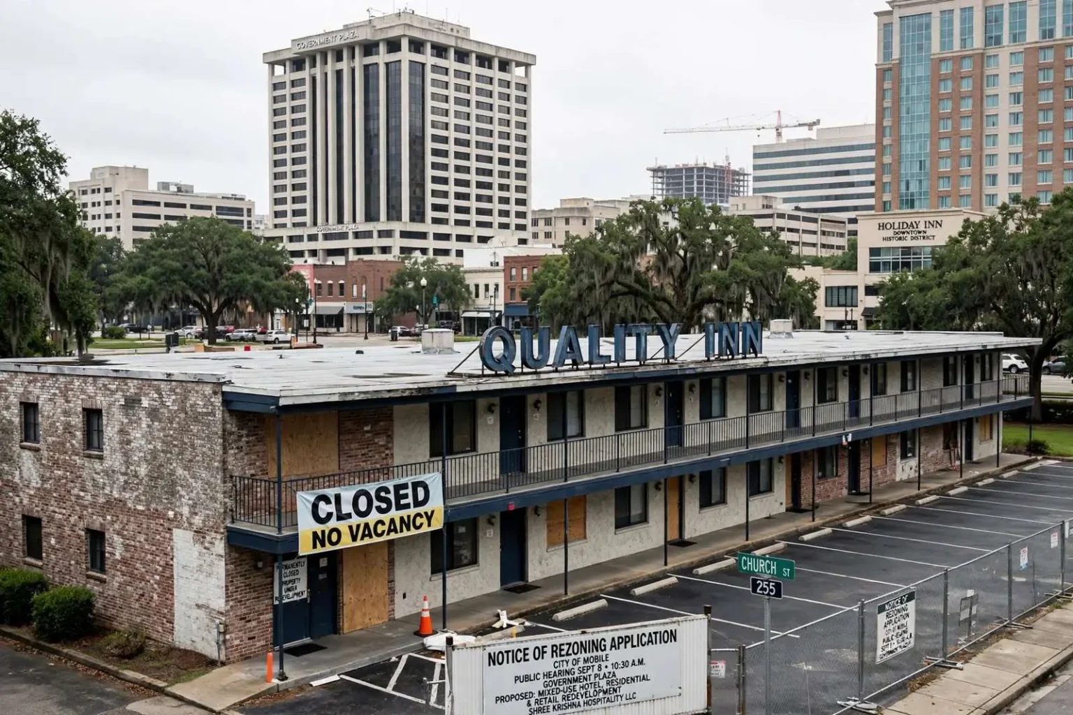 Illustration for the news story: Owner Seeks Rezoning to Replace Closed Downtown Mobile Motel With Hotel, Housing and Retail