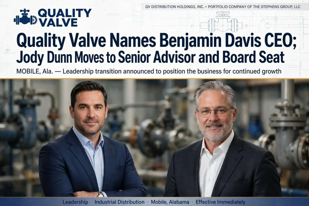 Illustration for the news story: Quality Valve Names Benjamin Davis CEO; Jody Dunn Moves to Senior Advisor and Board Seat