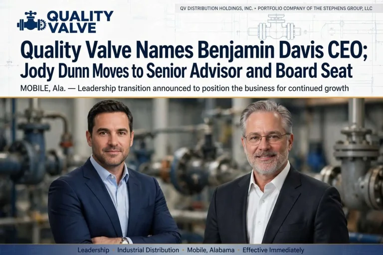 Illustration for the news story: Quality Valve Names Benjamin Davis CEO; Jody Dunn Moves to Senior Advisor and Board Seat