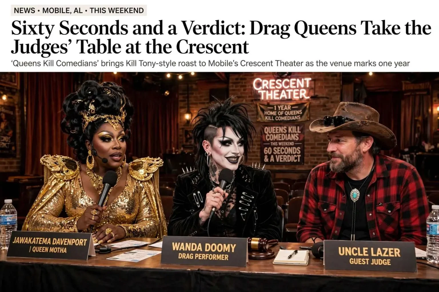 Illustration for the news story: Sixty Seconds and a Verdict: Drag Queens Take the Judges’ Table at the Crescent