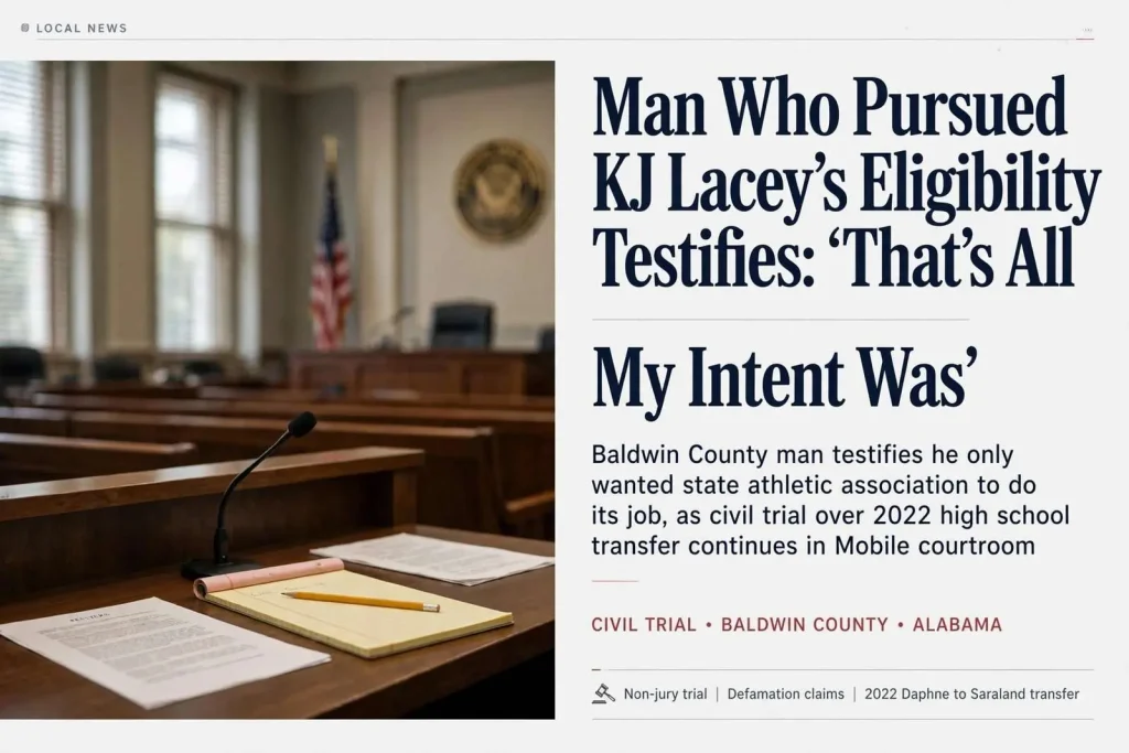Illustration for the news story: Man Who Pursued KJ Lacey’s Eligibility Testifies: ‘That’s All My Intent Was’