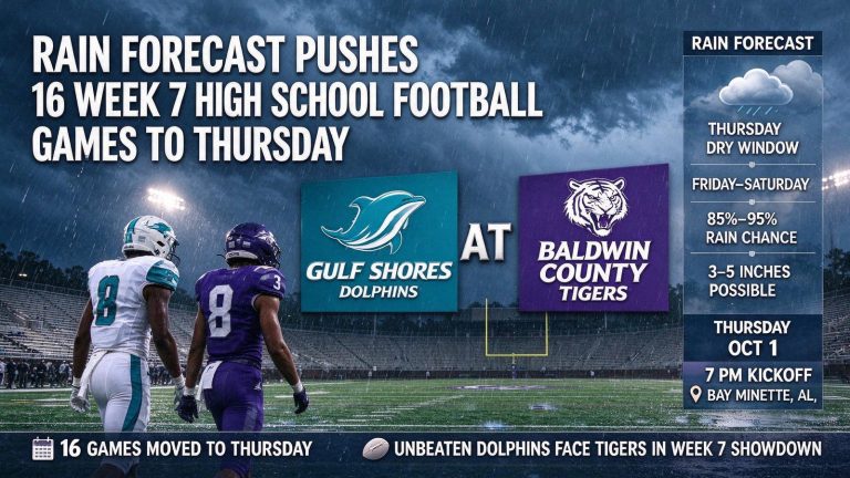 Illustration for the news story: Rain Forecast Pushes 16 Week 7 High School Football Games to Thursday, Including Unbeaten Gulf Shores at Baldwin County