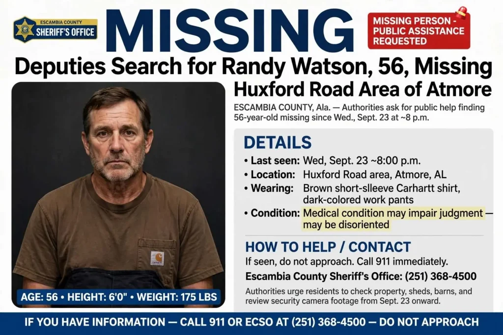 Illustration for the news story: Deputies Search for Randy Watson, 56, Missing From Huxford Road Area of Atmore
