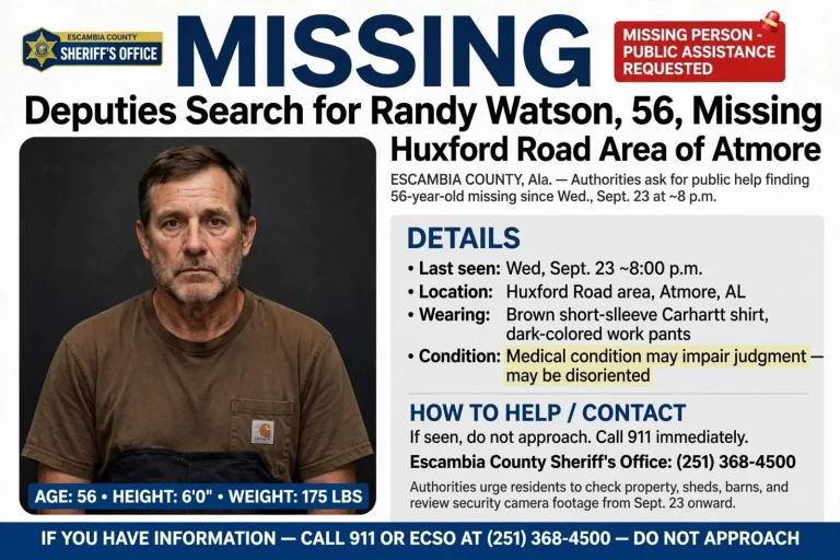 Illustration for the news story: Deputies Search for Randy Watson, 56, Missing From Huxford Road Area of Atmore