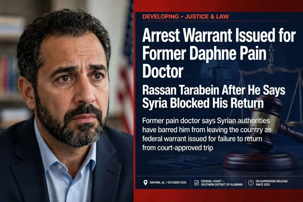 Illustration for the news story: Arrest Warrant Issued for Former Daphne Pain Doctor Rassan Tarabein After He Says Syria Blocked His Return
