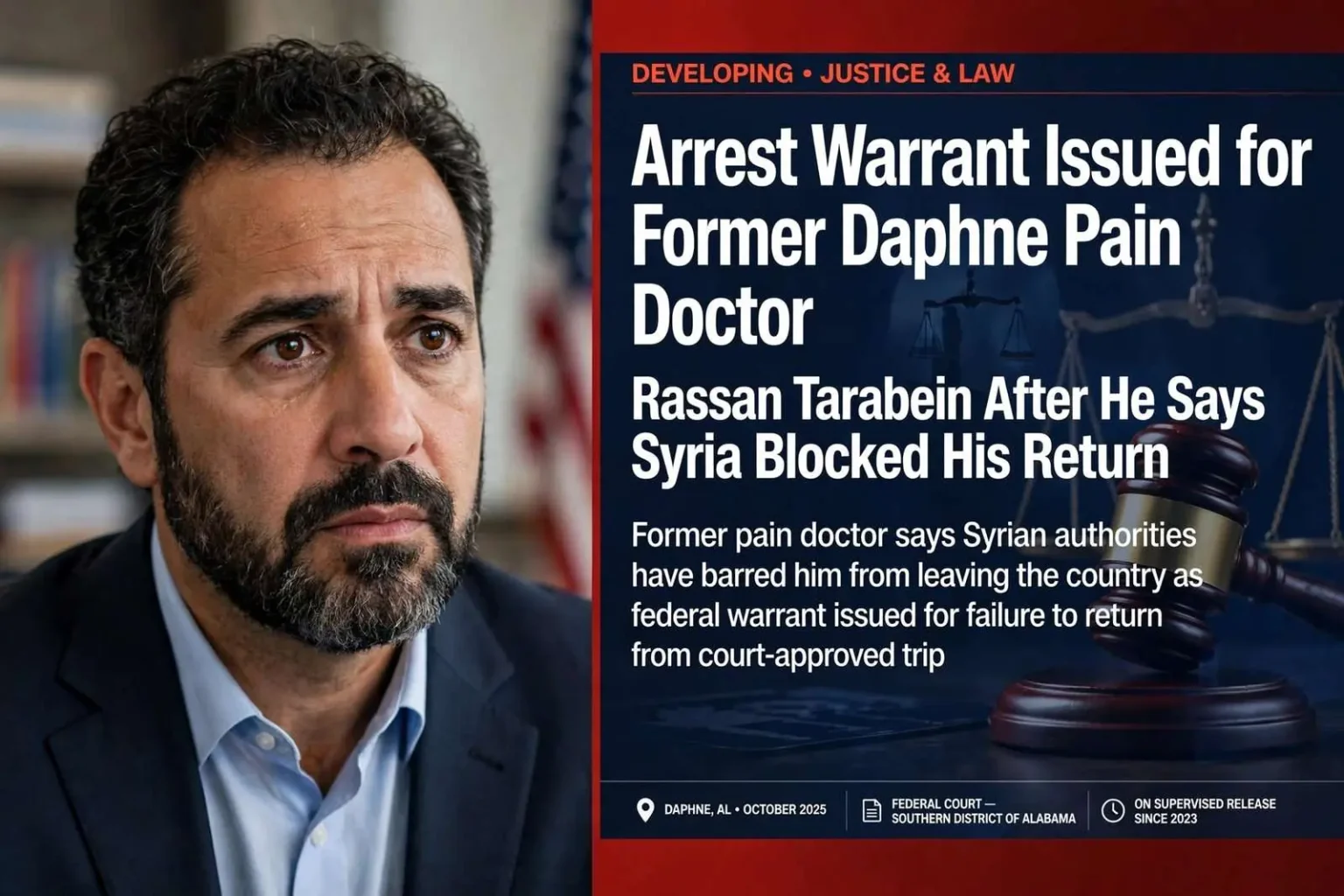 Illustration for the news story: Arrest Warrant Issued for Former Daphne Pain Doctor Rassan Tarabein After He Says Syria Blocked His Return