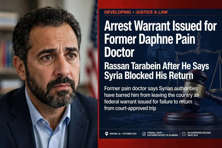 Illustration for the news story: Arrest Warrant Issued for Former Daphne Pain Doctor Rassan Tarabein After He Says Syria Blocked His Return