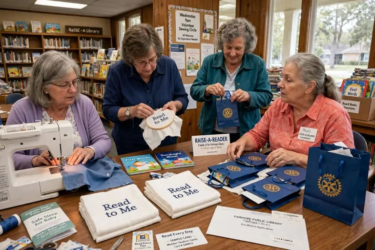 Illustration for the news story: Read to Me: The Fairhope Volunteers Who Hand Every Newborn’s Family a First Book