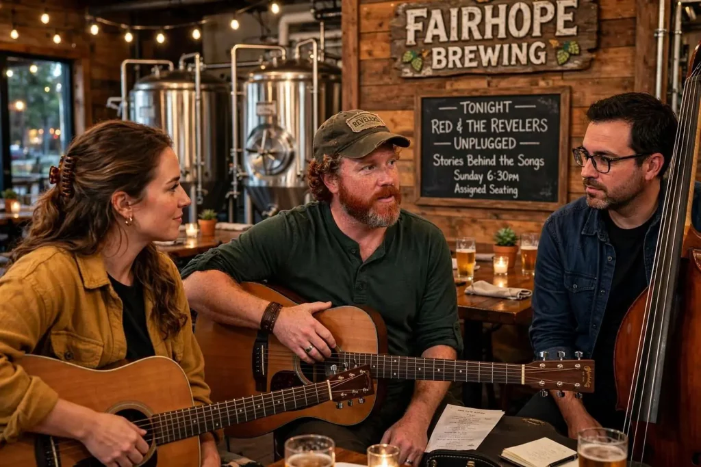 Illustration for the news story: Red & the Revelers Go Unplugged at Fairhope Brewing, With the Stories Behind the Songs