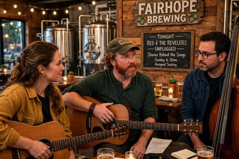 Illustration for the news story: Red & the Revelers Go Unplugged at Fairhope Brewing, With the Stories Behind the Songs