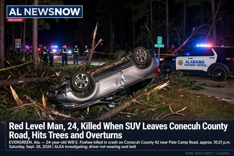 Illustration for the news story: Red Level Man, 24, Killed When SUV Leaves Conecuh County Road, Hits Trees and Overturns