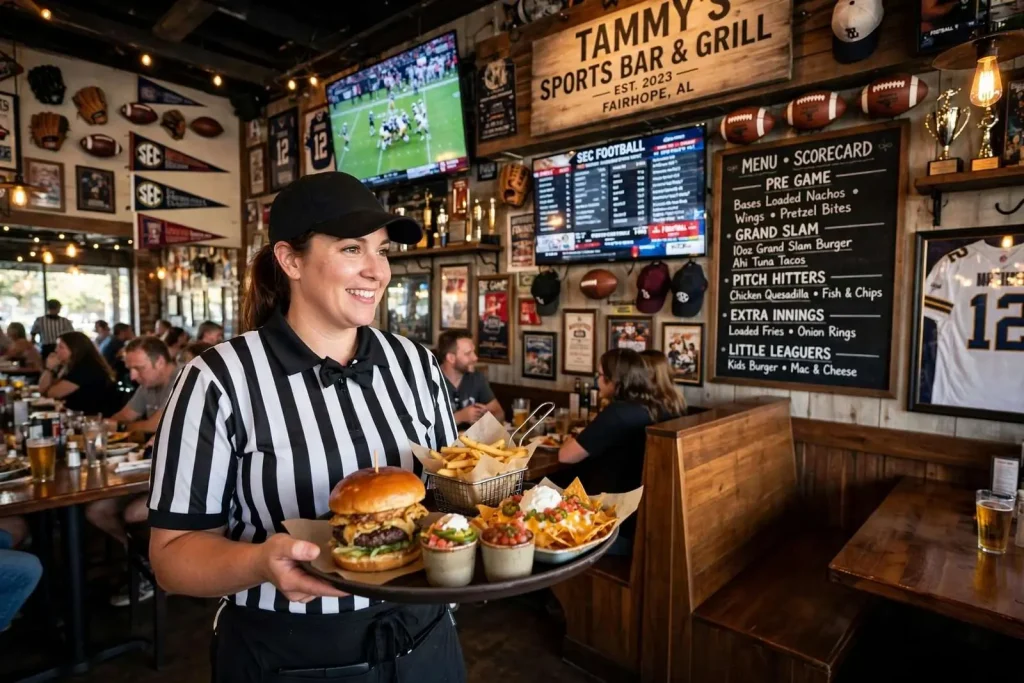 Illustration for the news story: Referee Servers and Grand Slam Burgers: Inside Tammy’s, a Fairhope Sports Bar