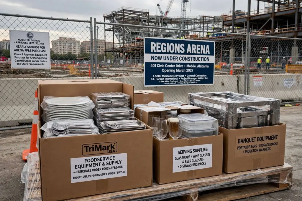 Illustration for the news story: Regions Arena Equipment Purchase: Mobile Council OKs Nearly $800,000 in Dining Gear, Asks for More Notice