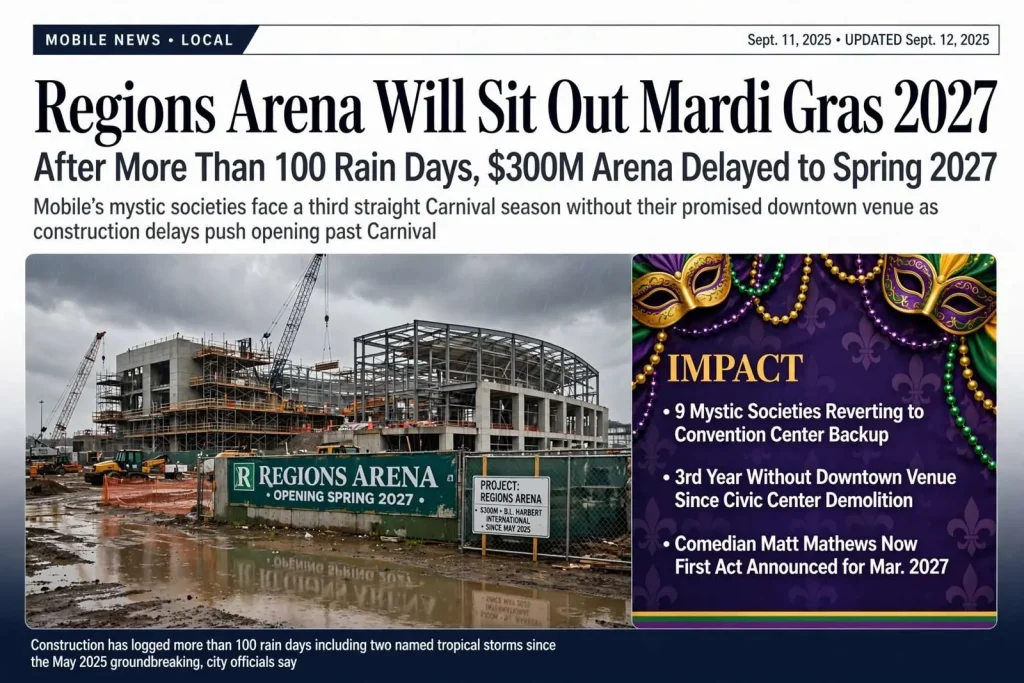 Illustration for the news story: Regions Arena Will Sit Out Mardi Gras 2027 After More Than 100 Rain Days