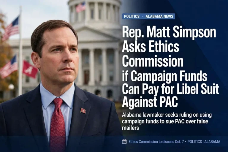Illustration for the news story: Rep. Matt Simpson Asks Ethics Commission if Campaign Funds Can Pay for Libel Suit Against PAC