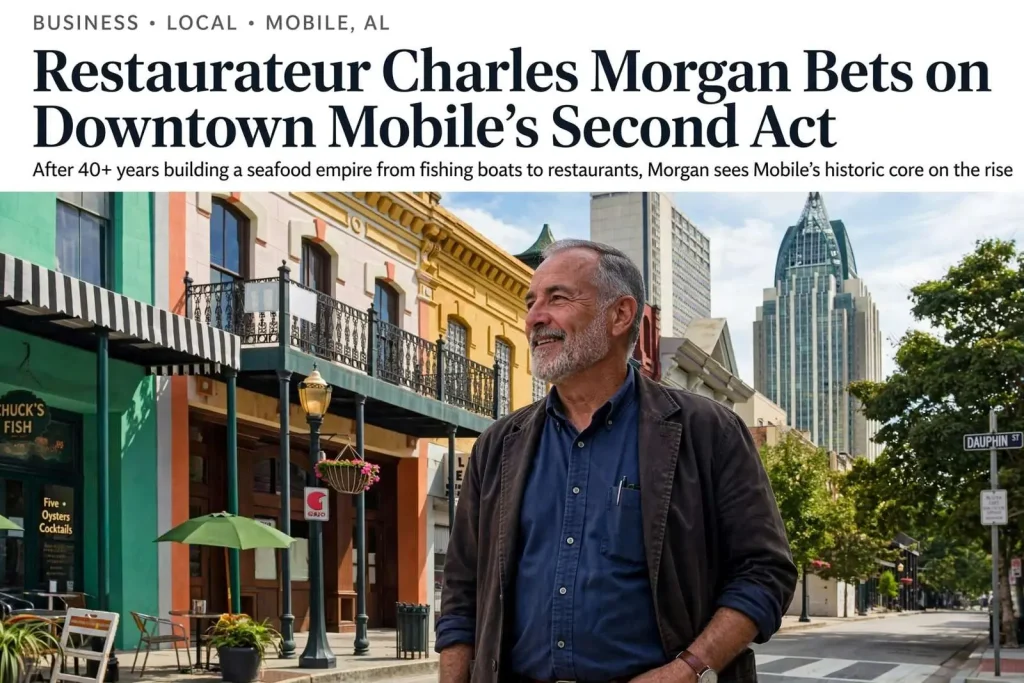 Illustration for the news story: Restaurateur Charles Morgan Bets on Downtown Mobile’s Second Act