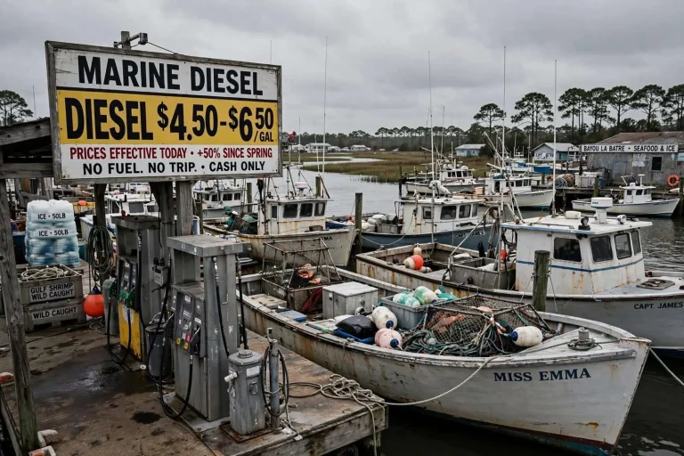 Illustration for the news story: Diesel at $4.50 to $6.50 a Gallon Leaves Alabama Shrimpers and Charter Captains Weighing Whether to Leave the Dock