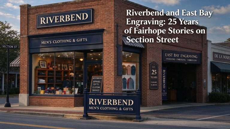 Illustration for the news story: Riverbend and East Bay Engraving: 25 Years of Fairhope Stories on Section Street