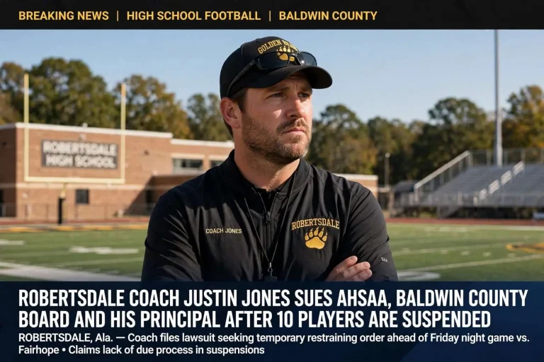 Illustration for the news story: Robertsdale Coach Justin Jones Sues AHSAA, Baldwin County Board and His Principal After 10 Players Are Suspended