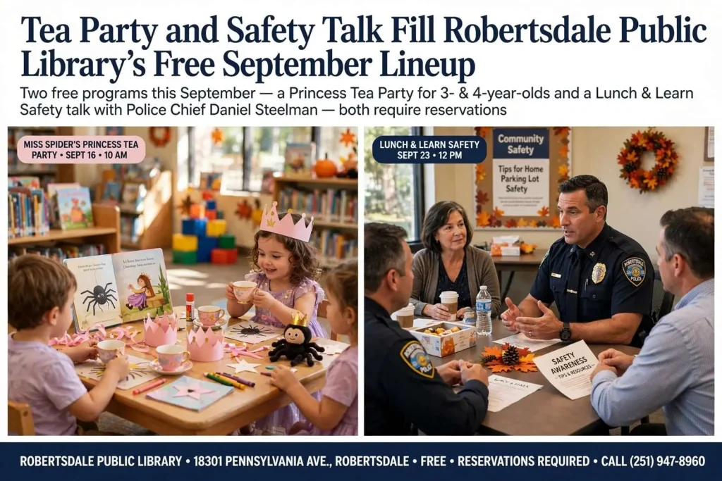 Illustration for the news story: Tea Party and Safety Talk Fill Robertsdale Public Library’s Free September Lineup