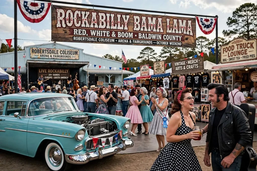 Illustration for the news story: RockaBilly Bama Lama: Red, White & Boom Brings Rockabilly Home to Baldwin County