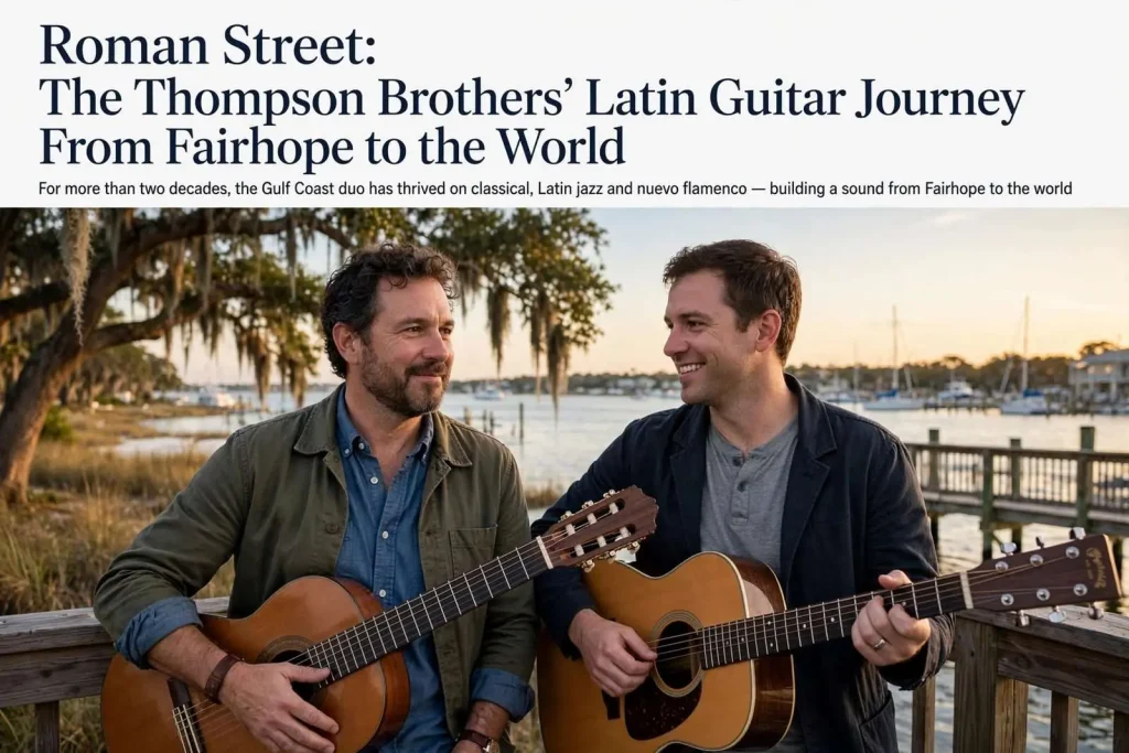 Illustration for the news story: Roman Street: The Thompson Brothers’ Latin Guitar Journey From Fairhope to the World