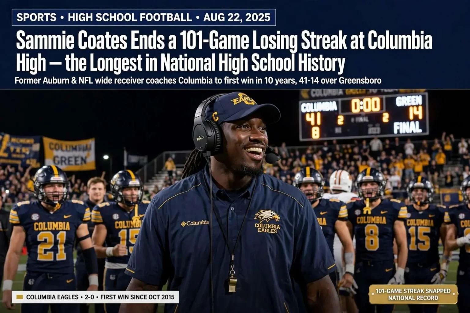 Illustration for the news story: Sammie Coates Ends a 101-Game Losing Streak at Columbia High — the Longest in National High School History