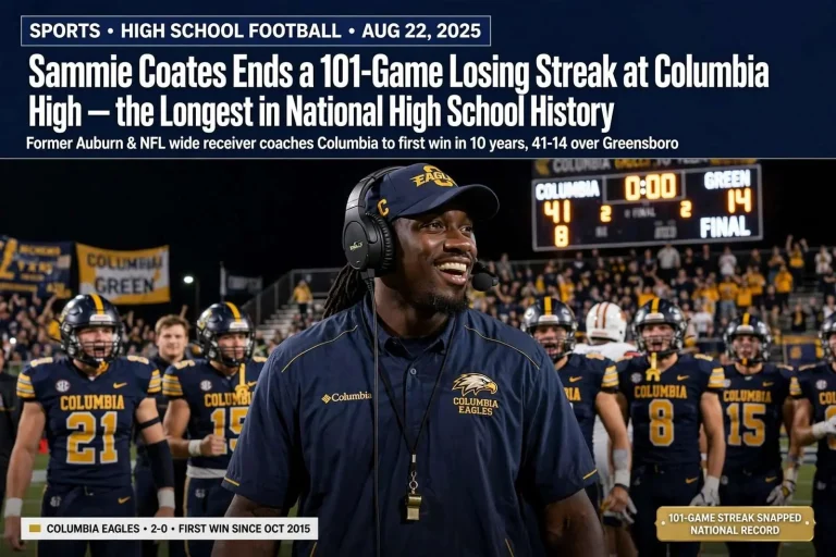 Illustration for the news story: Sammie Coates Ends a 101-Game Losing Streak at Columbia High — the Longest in National High School History