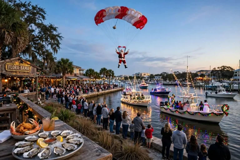 Illustration for the news story: Santa, Oysters and a Boat Parade: A December Day Along the Orange Beach Coast