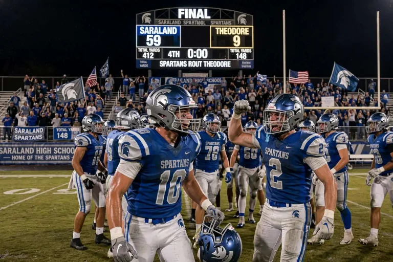 Illustration for the news story: After Losing Three Streaks in One Night, Saraland Answers With a 59-9 Rout of Theodore