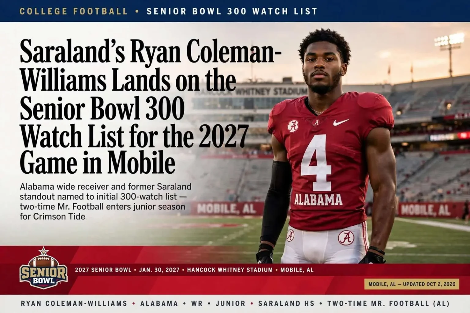 Illustration for the news story: Saraland’s Ryan Coleman-Williams Lands on the Senior Bowl 300 Watch List for the 2027 Game in Mobile