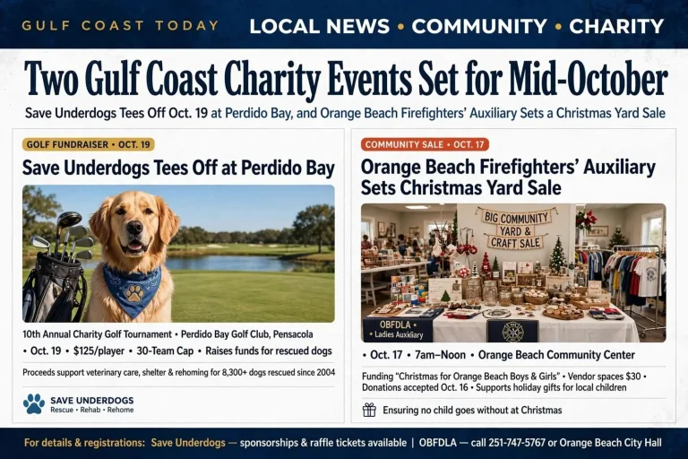 Illustration for the news story: Save Underdogs Tees Off Oct. 19 at Perdido Bay, and Orange Beach Firefighters’ Auxiliary Sets a Christmas Yard Sale