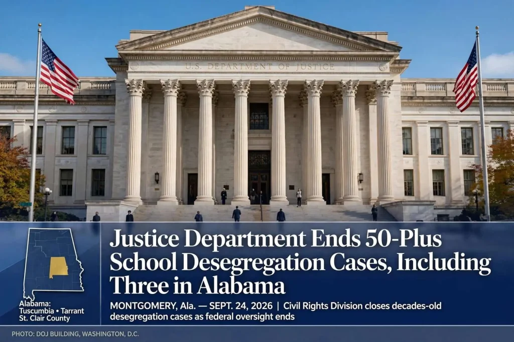 Illustration for the news story: Justice Department Ends 50-Plus School Desegregation Cases, Including Three in Alabama