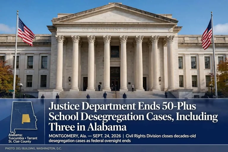 Illustration for the news story: Justice Department Ends 50-Plus School Desegregation Cases, Including Three in Alabama