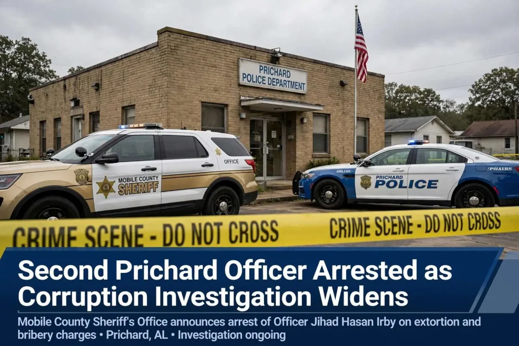 Illustration for the news story: Second Prichard Officer Arrested as Corruption Investigation Widens