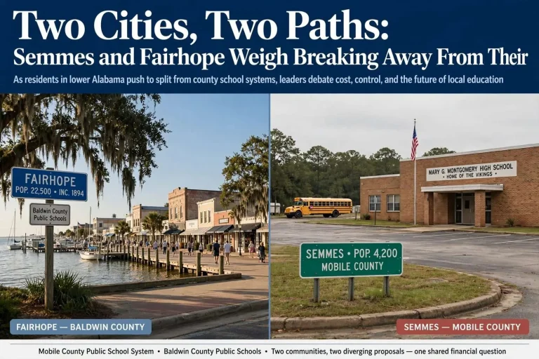 Illustration for the news story: Two Cities, Two Paths: Semmes and Fairhope Weigh Breaking Away From Their County School Systems
