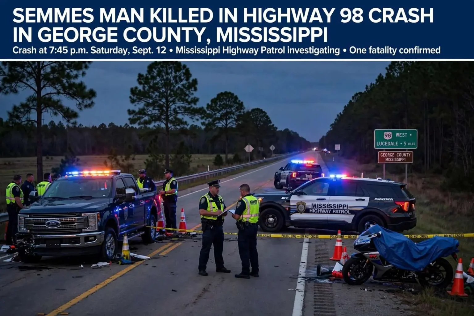 Illustration for the news story: Semmes Man Killed In Highway 98 Crash In George County, Mississippi