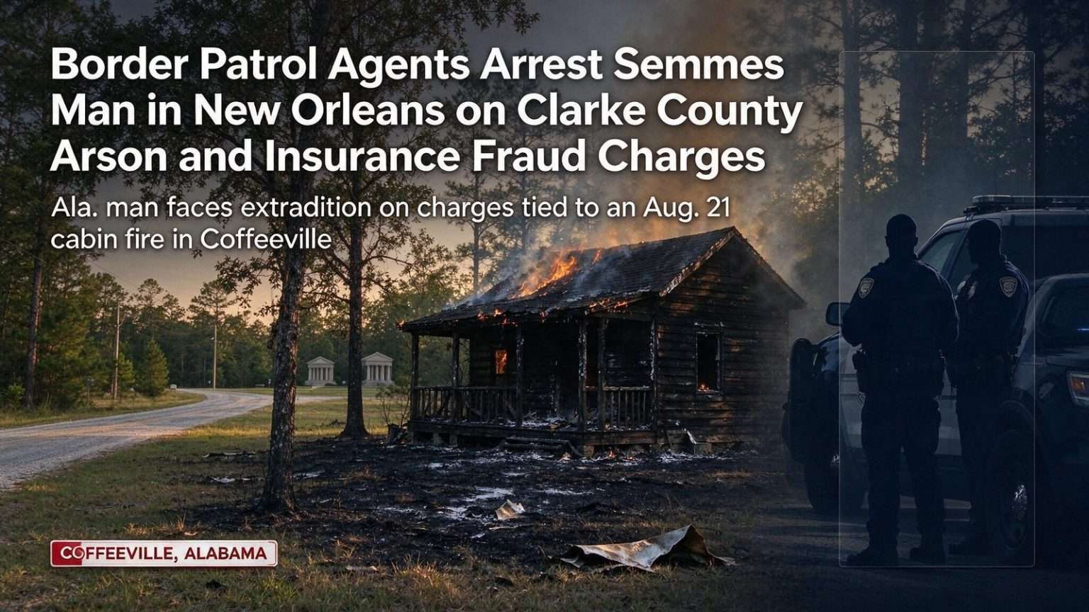 Illustration for the news story: Border Patrol Agents Arrest Semmes Man in New Orleans on Clarke County Arson and Insurance Fraud Charges