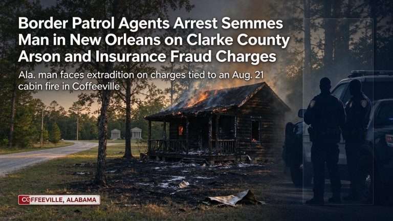 Illustration for the news story: Border Patrol Agents Arrest Semmes Man in New Orleans on Clarke County Arson and Insurance Fraud Charges