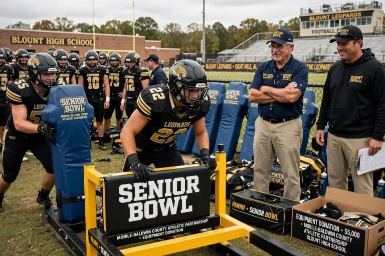 Illustration for the news story: Senior Bowl Equipment Donation Puts New Sled, Tackling Pads in Blount’s Hands