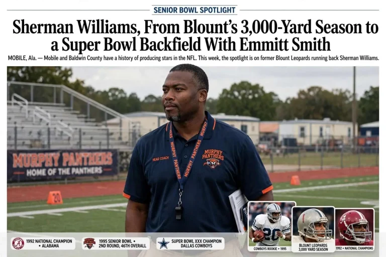 Illustration for the news story: Senior Bowl Spotlight: Sherman Williams, From Blount’s 3,000-Yard Season to a Super Bowl Backfield With Emmitt Smith