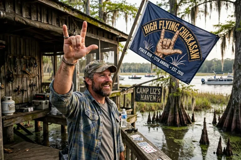 Illustration for the news story: Seventeen Years of Poker Runs, Camp Flags and Delta Rats: The Man Who Throws a Party Deep in the Mobile-Tensaw Swamp