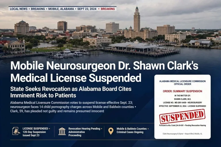Illustration for the news story: Mobile Neurosurgeon Shawn Clark’s Medical License Suspended as State Seeks Revocation