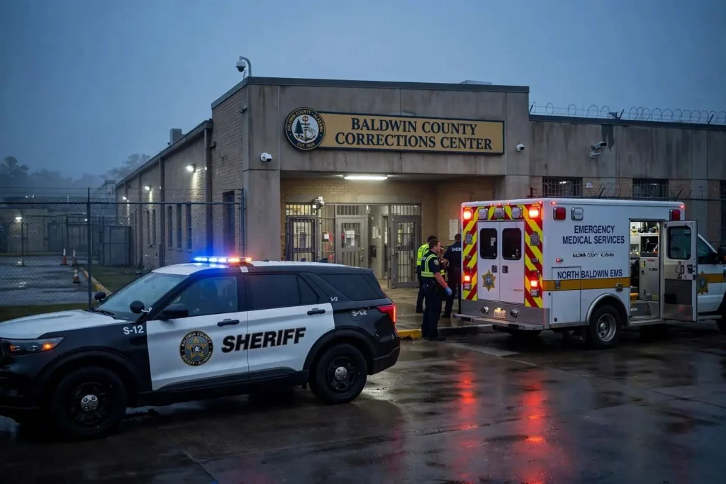 Illustration for the news story: Mobile Neurosurgeon Shawn Clark Hospitalized After Apparent Suicide Attempt in Baldwin County Jail; Sheriff Credits Officers’ Response
